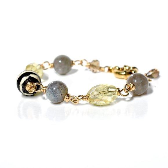 14K Gold Filled Lemon Citrine Labradorite Chain Bracelet OOAK - Picture 4 of 5